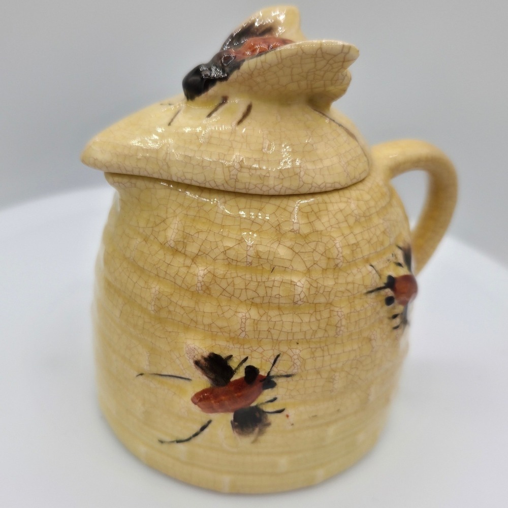 Vintage Beehive Ceramic Honey Pot/Lid Pitcher Hand Painted Bees Crackle Glaze